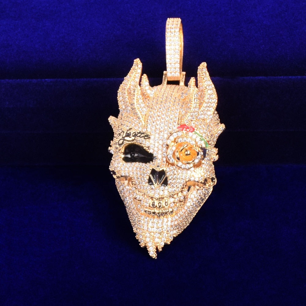 ICED OUT SKULL PENDANT w/Chain - GOLD/White Gold