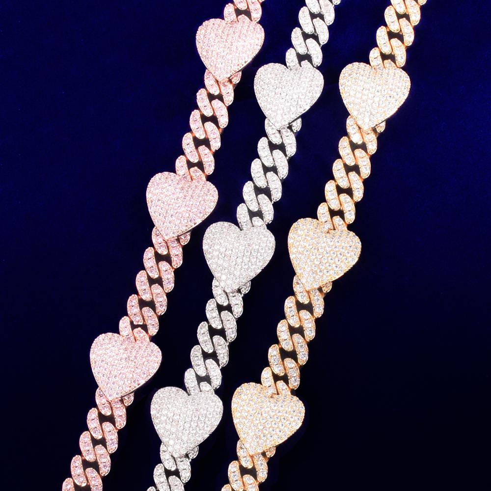 10mm Heart Baguette Cuban Link Bracelet in White Gold/Gold/Rose Gold