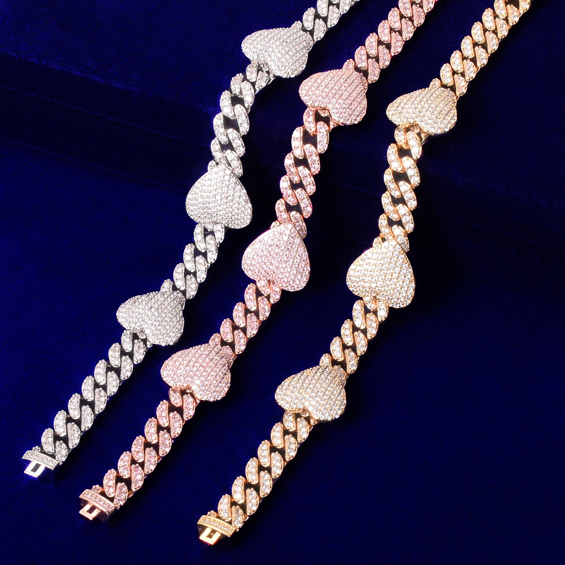 10mm Heart Baguette Cuban Link Bracelet in White Gold/Gold/Rose Gold