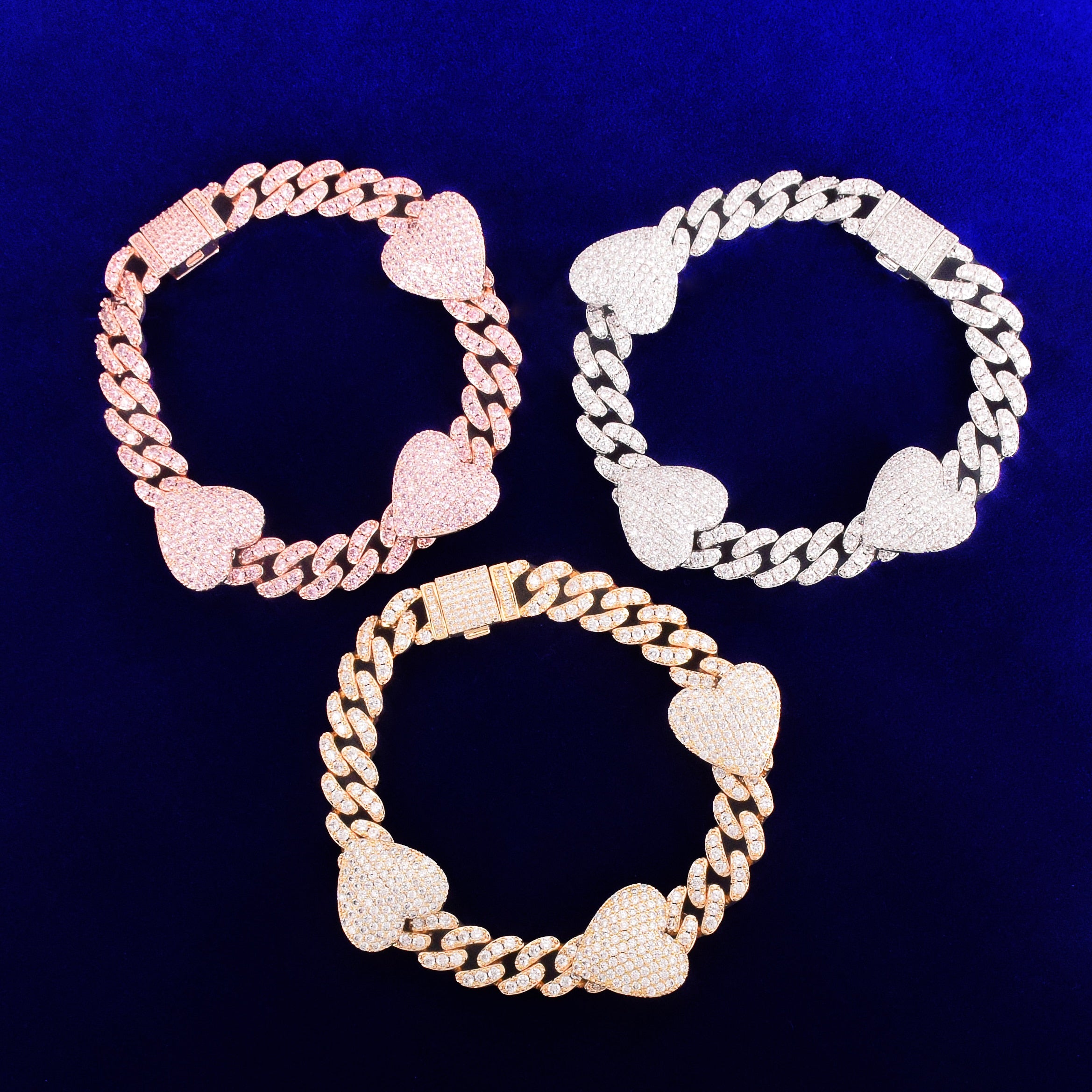 10mm Heart Baguette Cuban Link Bracelet in White Gold/Gold/Rose Gold