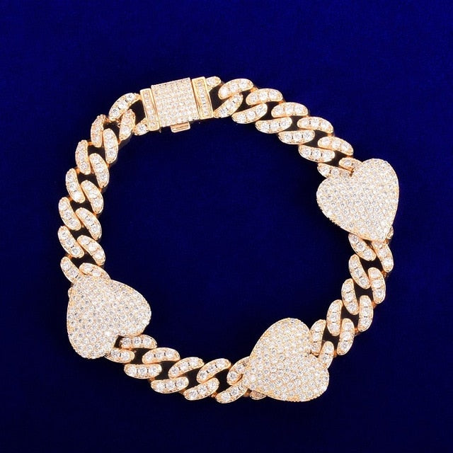 10mm Heart Baguette Cuban Link Bracelet in White Gold/Gold/Rose Gold