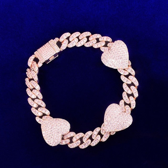 10mm Heart Baguette Cuban Link Bracelet in White Gold/Gold/Rose Gold