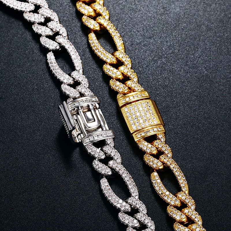 10mm Iced Out Figaro Link Necklace Gold/White Gold