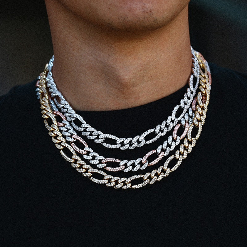 10mm Iced Out Figaro Link Necklace Gold/White Gold