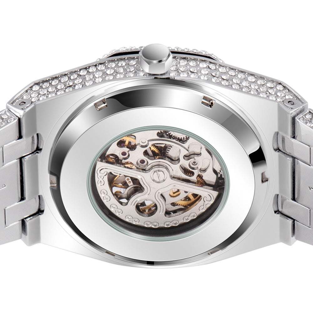 Fully Iced Out Skeleton Stainless Steel Watch - Silver/Gold