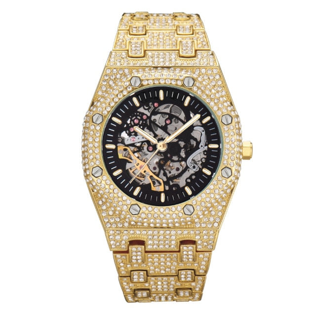 Fully Iced Out Skeleton Stainless Steel Watch - Silver/Gold