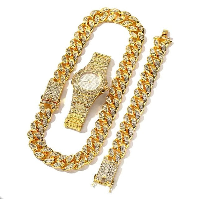 Iced Out 14K Gold Diamond Watch + FREE Miami Cuban Link Bracelet - Bundle Deal🔥 (NOW ONLY)
