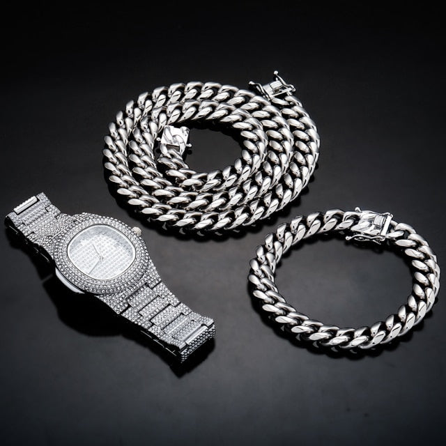 Iced Out Watch Bundle Set 3 Pieces + FREE Chain & Bracelet in Gold / Silver