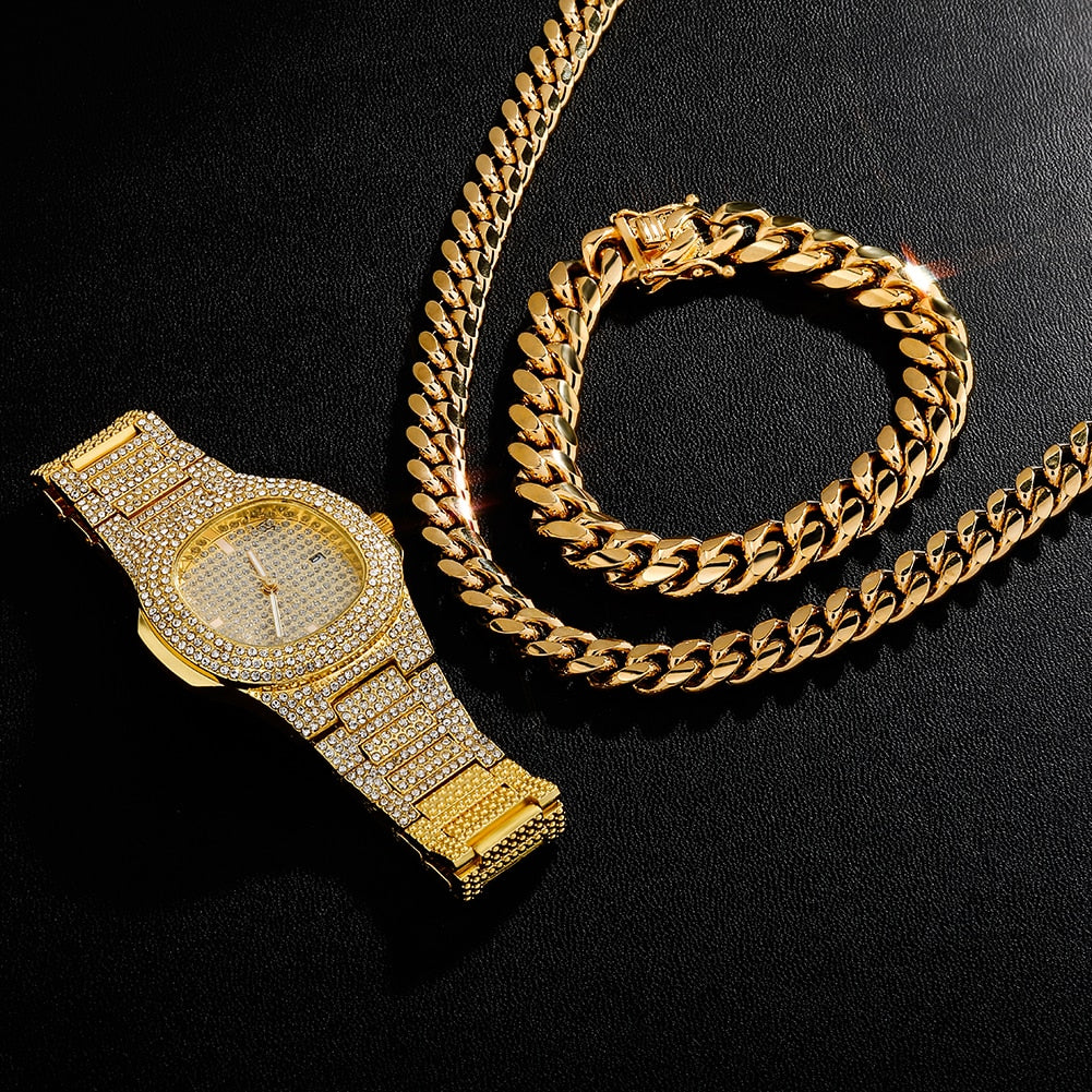 Iced Out Watch Bundle Set 3 Pieces + FREE Chain & Bracelet in Gold / Silver