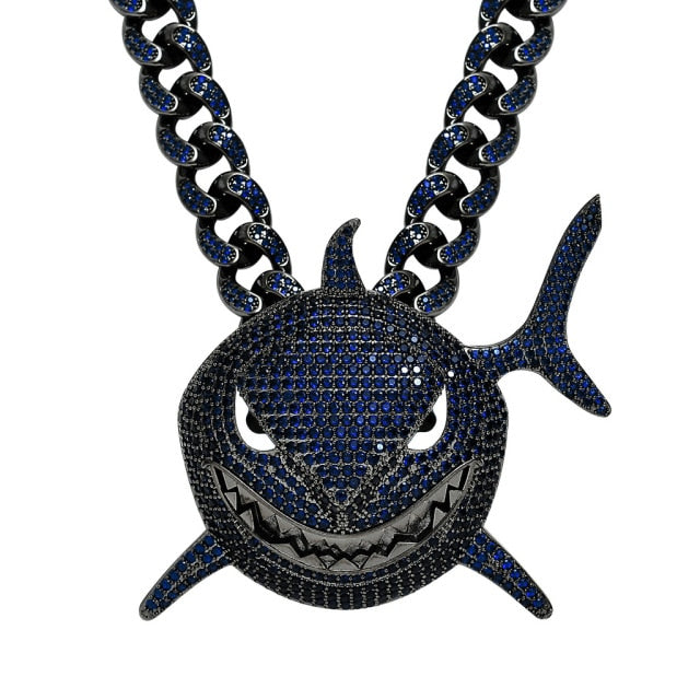 Iced Out Black-Blue Shark Pendants & Necklace