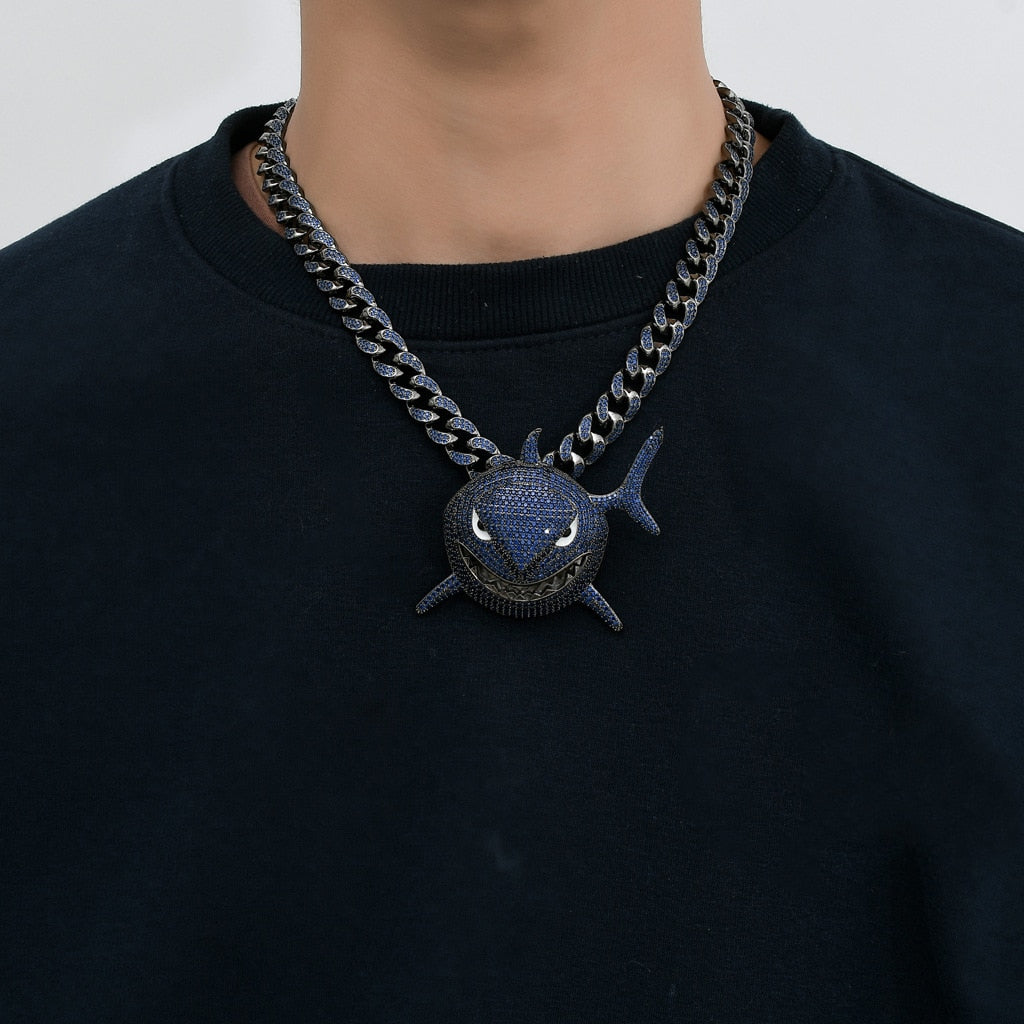 Iced Out Black-Blue Shark Pendants & Necklace