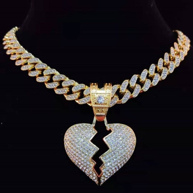 Hip Hop Iced Out Bling Bling Heart Broke Pendant Necklace