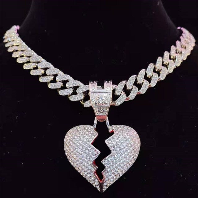 Hip Hop Iced Out Bling Bling Heart Broke Pendant Necklace