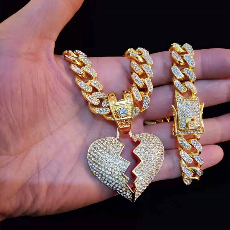 Hip Hop Iced Out Bling Bling Heart Broke Pendant Necklace