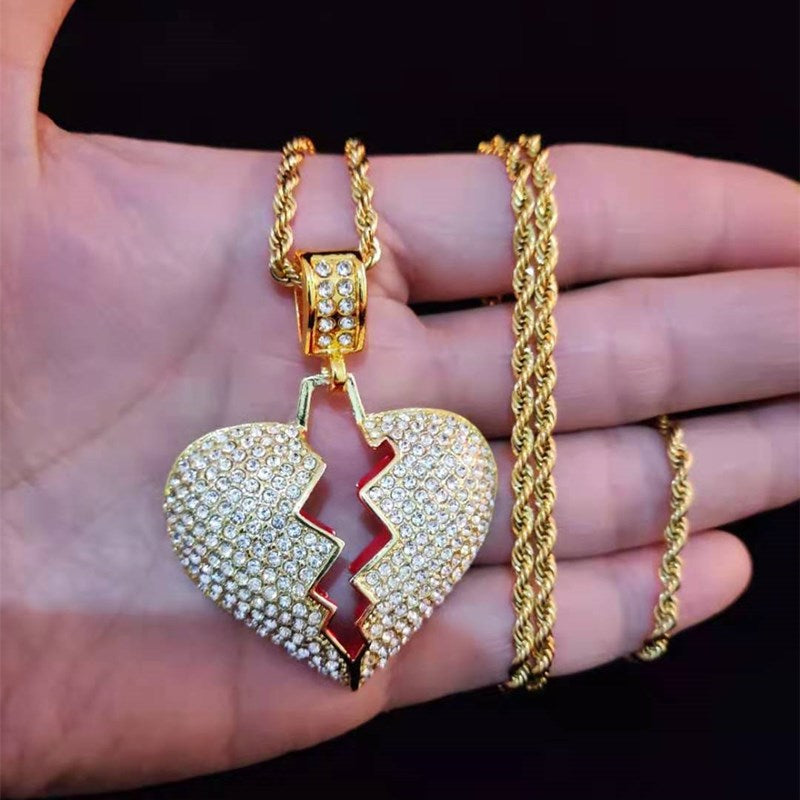 Hip Hop Iced Out Bling Bling Heart Broke Pendant Necklace