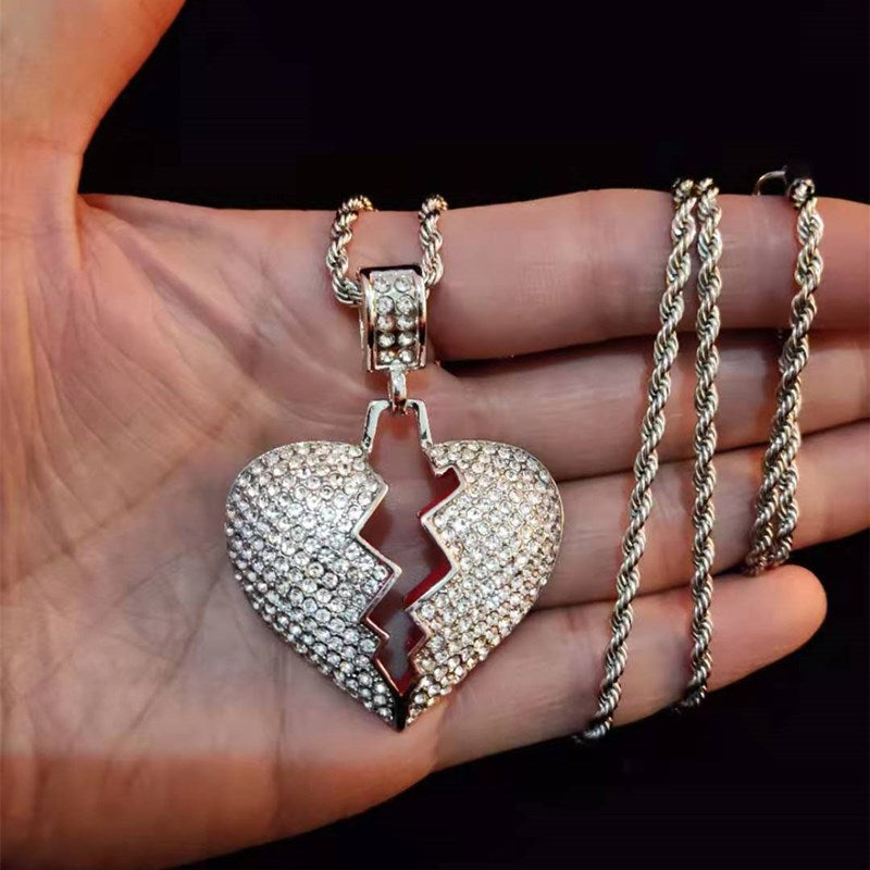 Hip Hop Iced Out Bling Bling Heart Broke Pendant Necklace