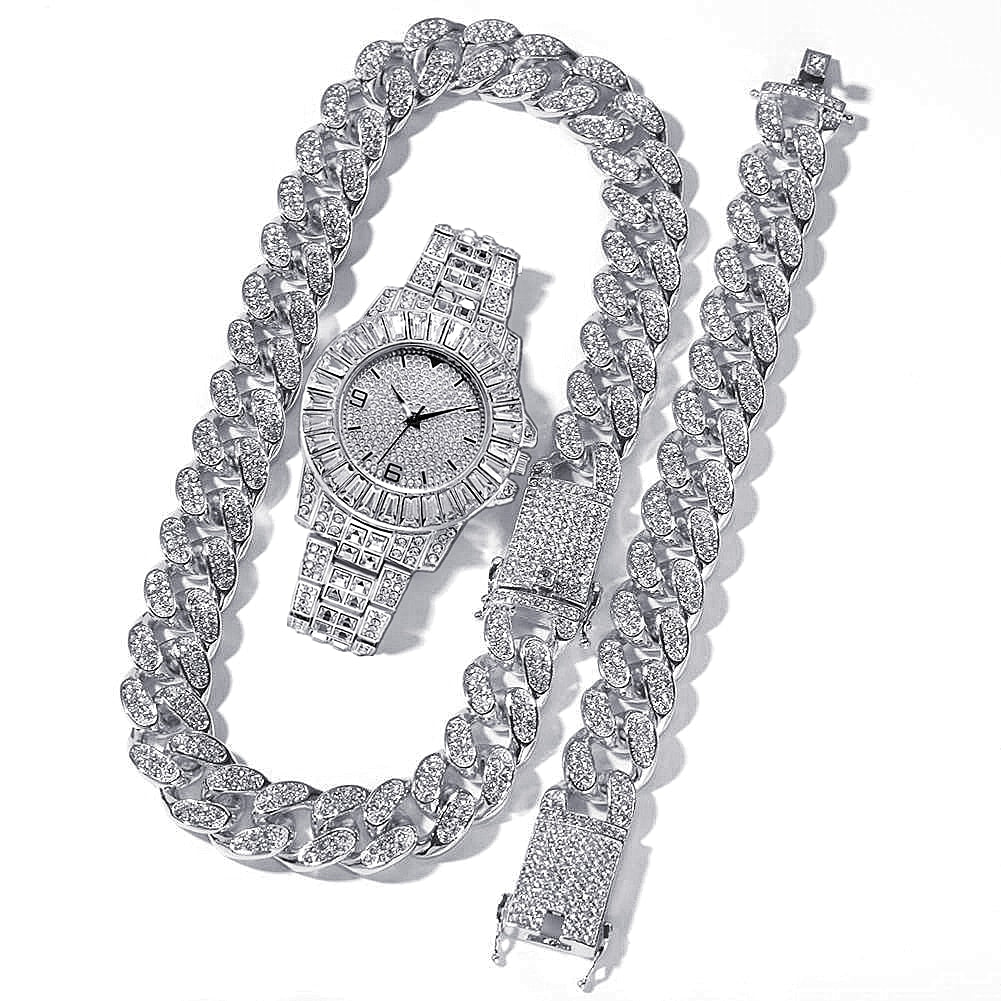 GOLD/SILVER 20MM ICED CUBAN LINK CHAIN NECKLACE/BRACELET + FREE WATCH BUNDLE