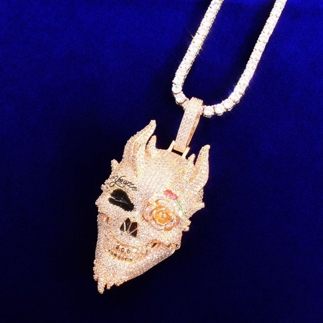 ICED OUT SKULL PENDANT w/Chain - GOLD/White Gold