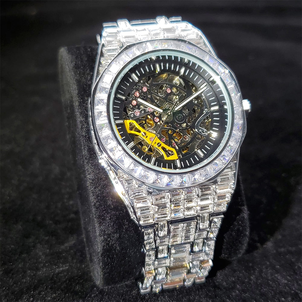 Iced Out Baguette Skeleton Watch