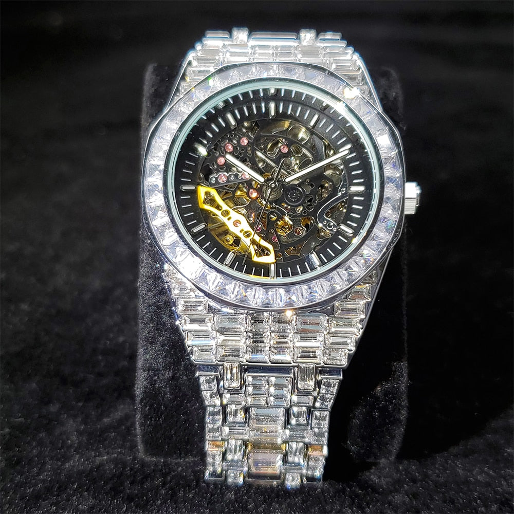 Iced Out Baguette Skeleton Watch