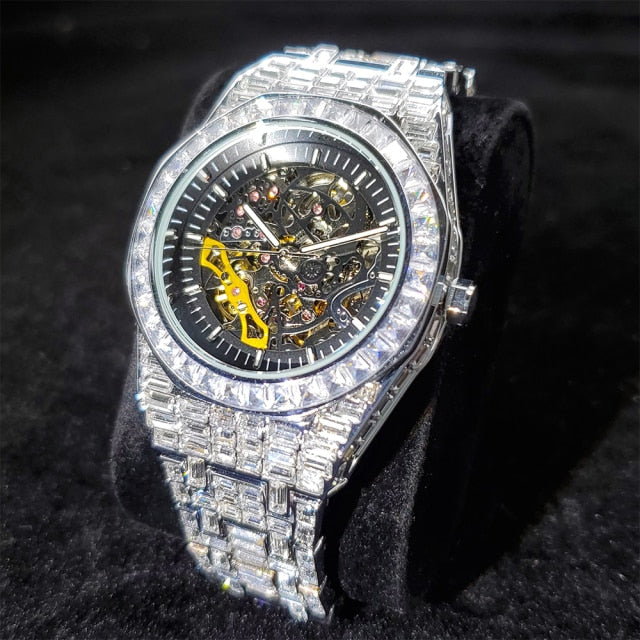 Iced Out Baguette Skeleton Watch
