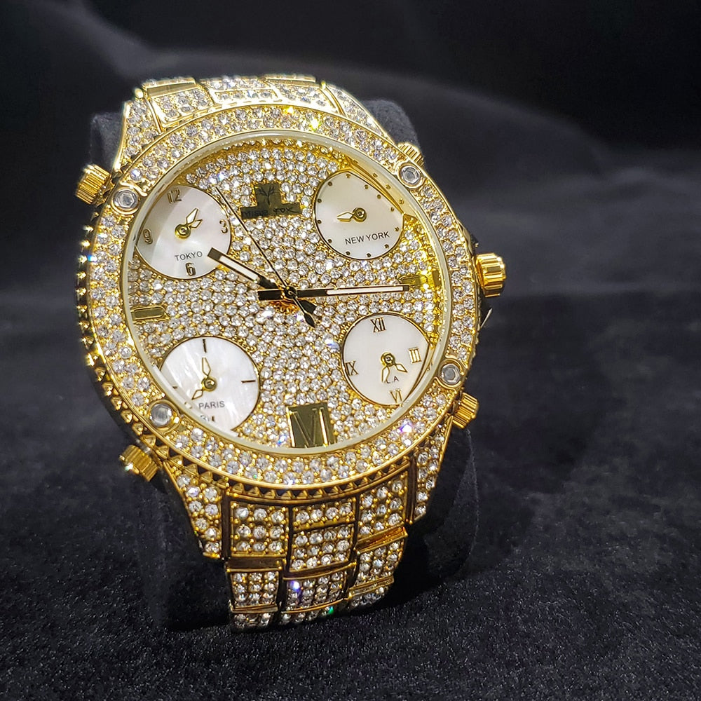 FULLY ICEY JET SETTER CZ DIAMOND WATCH in GOLD