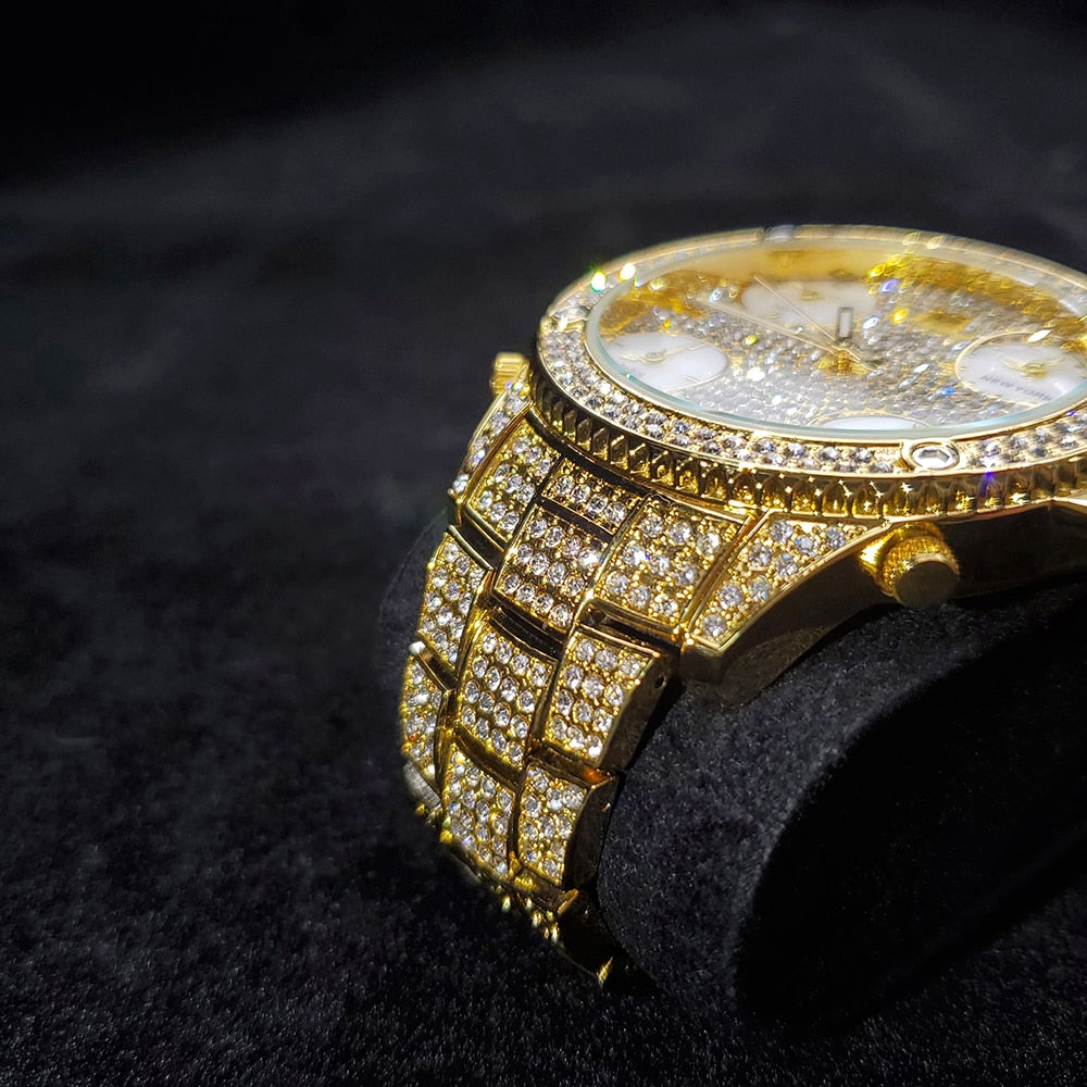 FULLY ICEY JET SETTER CZ DIAMOND WATCH in GOLD