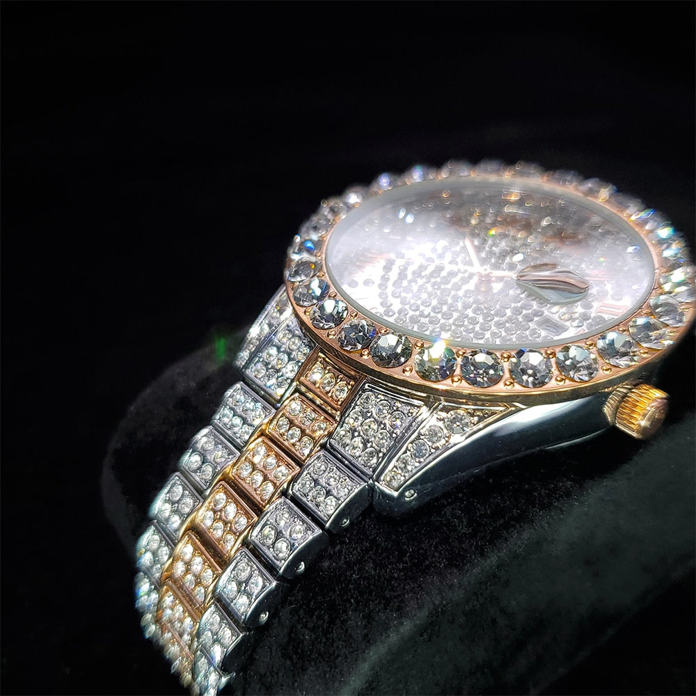 Icey Roman Numerial iced out diamond watch - 2 Tone Rose Gold
