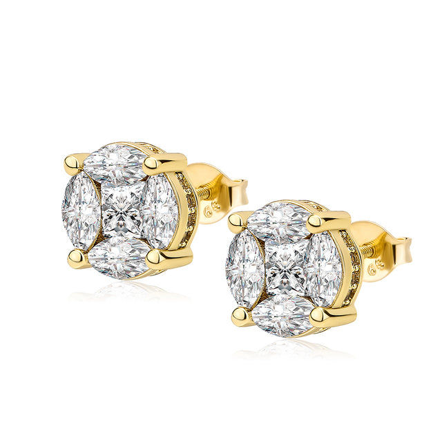 Iced Round Cut Prong CZ Earrings - Gold/White Gold