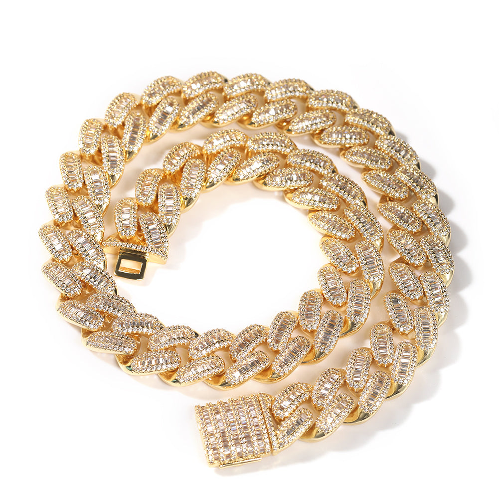 15MM Baguette Cuban Link Necklace - Silver/Gold